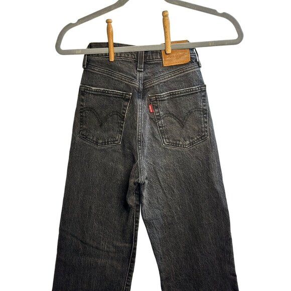 VTG LEVIS Ribcage Straight Jeans Women’s 23 – Button Fly Black Distressed Denim - Picture 3 of 11